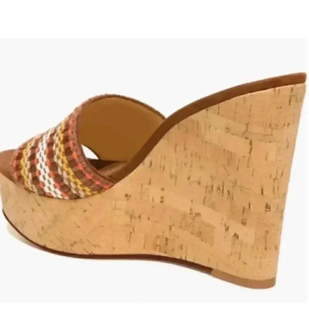 New W/ Box Veronica Beard Dali Multi Woven Raffia Leather Cork Wedge Sandal 9